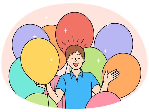 Niño feliz con globos celebrando su cumpleaños  Ilustración
