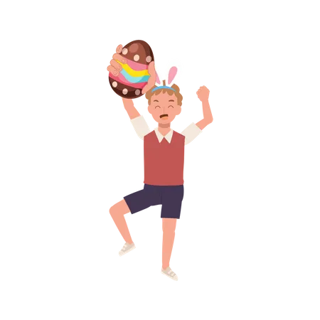 Niño feliz con orejas de conejo sosteniendo huevos de Pascua, encontré huevos de Pascua  Ilustración