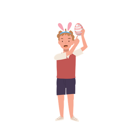 Niño feliz con orejas de conejo sosteniendo un huevo de Pascua mientras lo señala con el dedo índice para mostrarlo  Ilustración