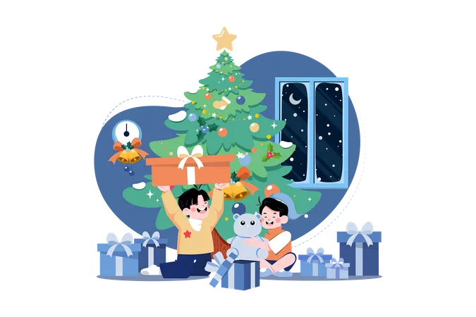Niño feliz con regalos de Navidad  Ilustración