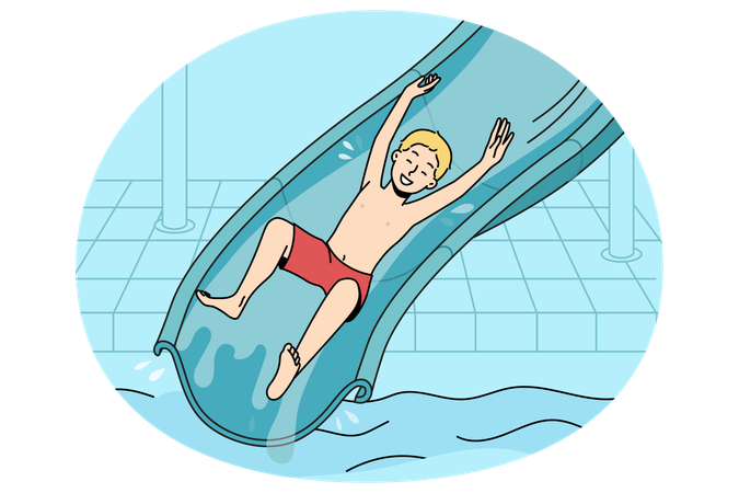 Niño feliz bañándose en un tobogán en un parque acuático  Ilustración