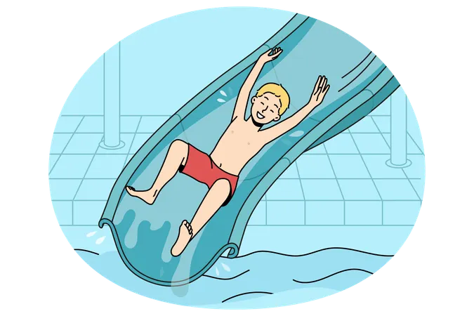 Niño feliz bañándose en un tobogán en un parque acuático  Ilustración