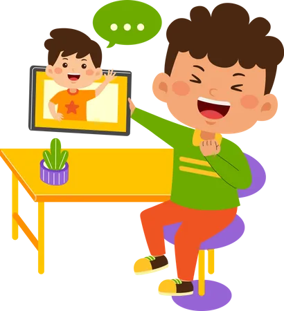 Niño feliz haciendo videollamada  Ilustración