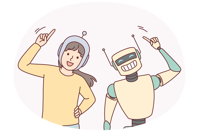 Un niño feliz juega con un robot bailando y disfrutando de la comunicación.  Ilustración