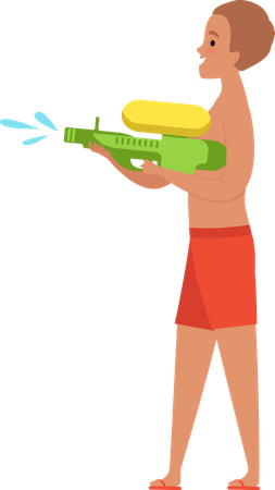 Niño feliz jugando con pistola de agua  Ilustración