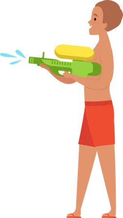Niño feliz jugando con pistola de agua  Ilustración