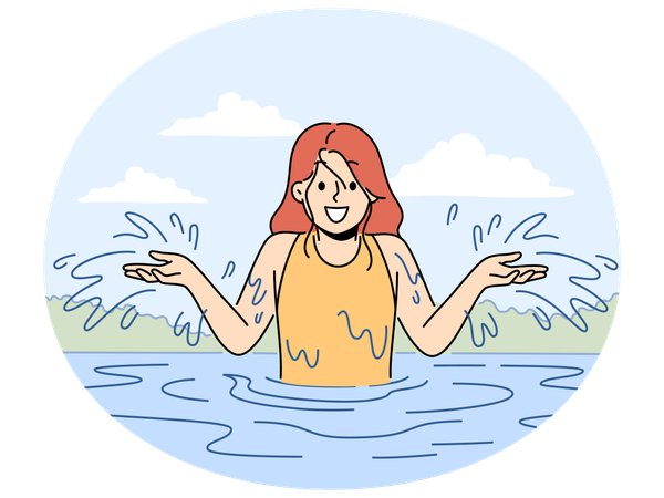 Niño feliz jugando chapoteando en el agua  Ilustración