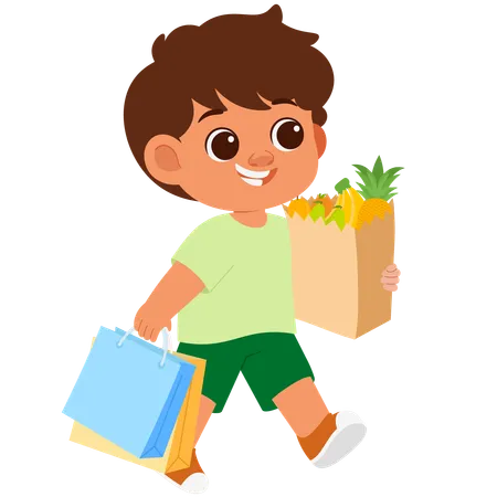 Niño feliz llevando una bolsa de compras  Ilustración