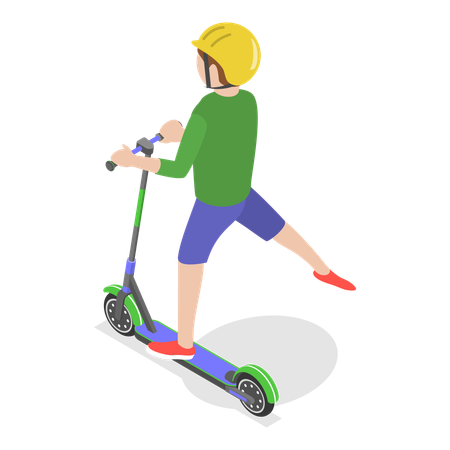 Niño feliz montando patinete con casco  Ilustración