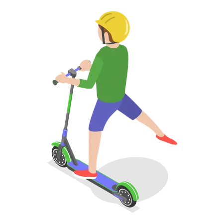 Niño feliz montando patinete con casco  Ilustración