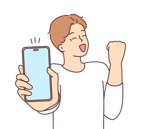 Niño feliz mostrando la pantalla del móvil  Ilustración