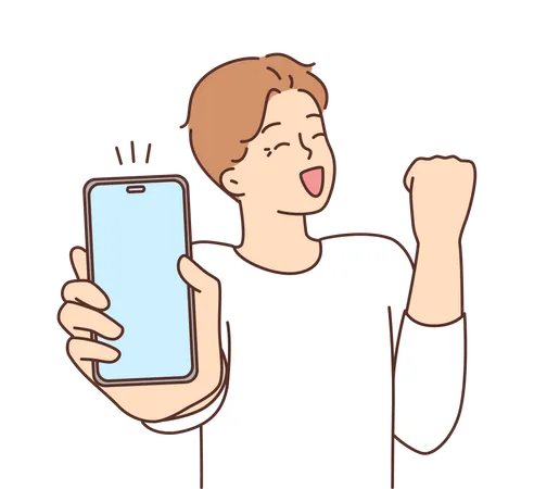 Niño feliz mostrando la pantalla del móvil  Ilustración