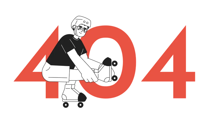 Niño feliz patinando y mensaje flash de error 404  Ilustración