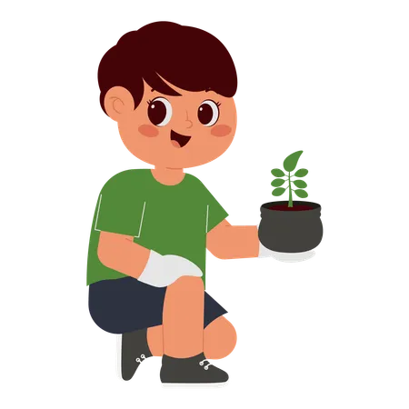 Niño feliz plantando un árbol  Ilustración