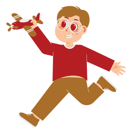 Niño feliz saltando con avión de juguete  Ilustración