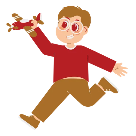 Niño feliz saltando con avión de juguete  Ilustración