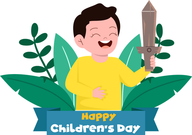 Niño feliz sosteniendo espada de madera  Ilustración