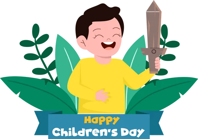 Niño feliz sosteniendo espada de madera  Ilustración