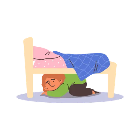 Niño feliz y sonriente escondido debajo de la cama  Ilustración