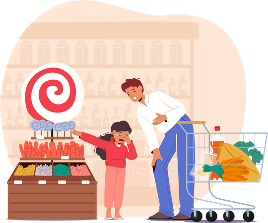 Niño frenético comprando dulces en el supermercado  Ilustración