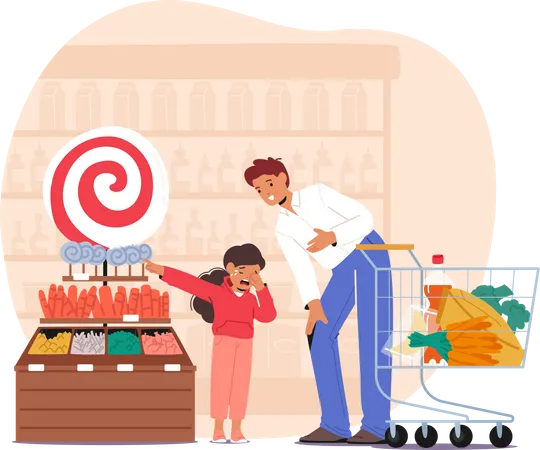 Niño frenético comprando dulces en el supermercado  Ilustración