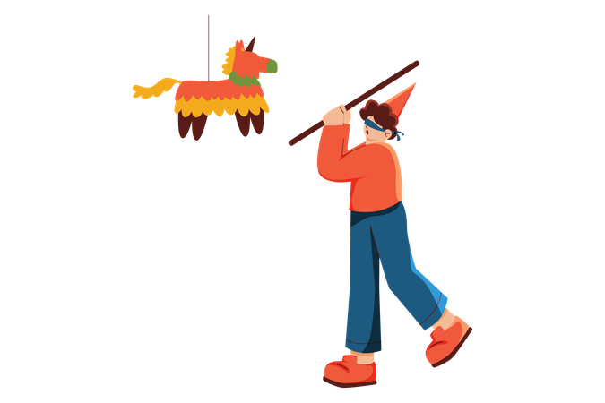 Niño golpeando piñata en fiesta de cumpleaños  Ilustración