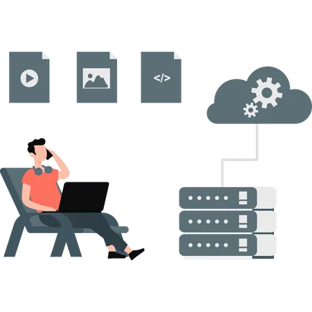 Niño hablando sobre la transferencia de datos en la nube en el móvil  Ilustración