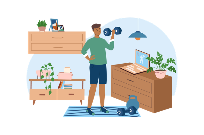 El niño hace ejercicios físicos con pesas en su habitación  Ilustración