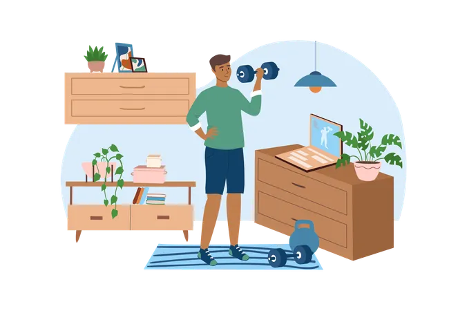 El niño hace ejercicios físicos con pesas en su habitación  Ilustración