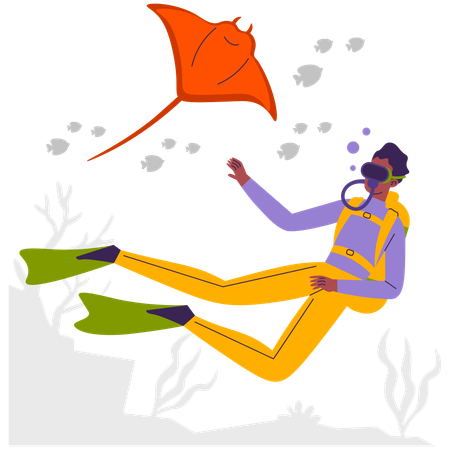 Niño haciendo buceo con mantarrayas  Ilustración