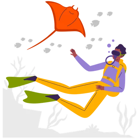 Niño haciendo buceo con mantarrayas  Ilustración