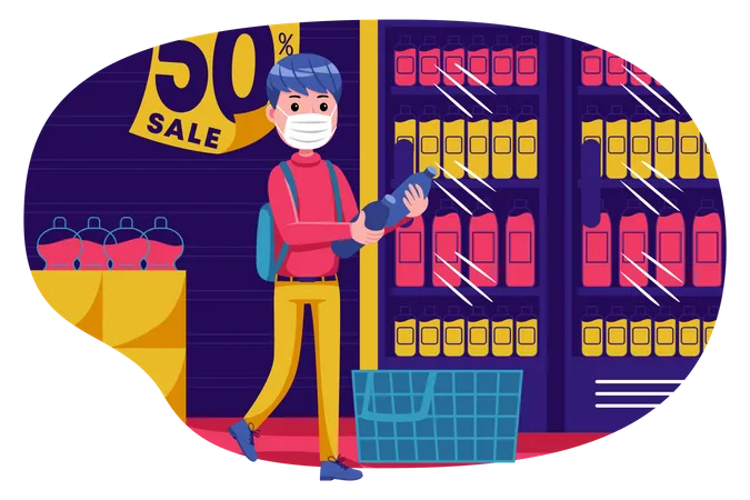 Niño haciendo compras en venta  Ilustración