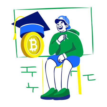 Niño haciendo educación sobre criptomonedas  Ilustración