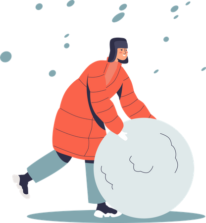 Niño haciendo una enorme bola de nieve  Ilustración