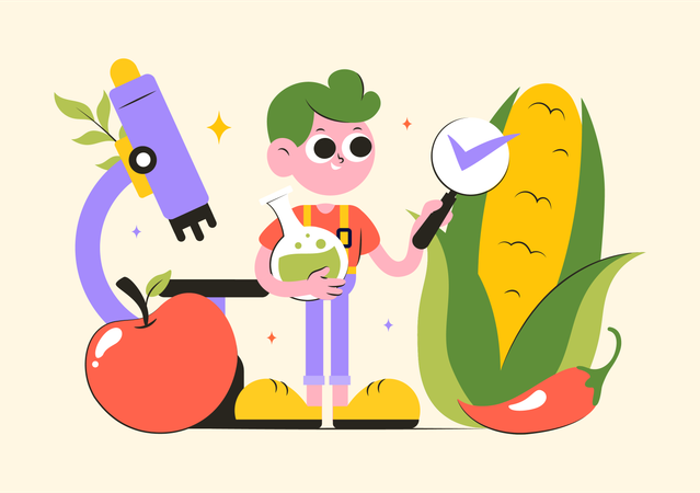 Niño haciendo investigación alimentaria  Ilustración