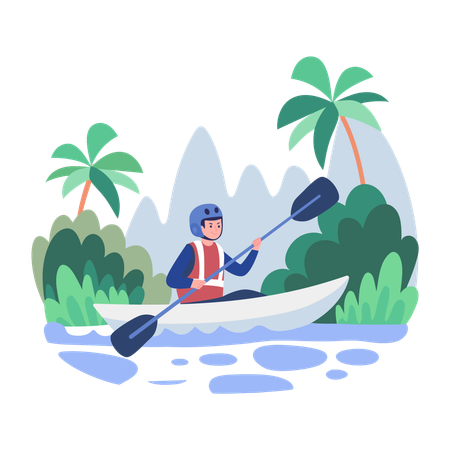 Niño haciendo kayak en el lago  Ilustración