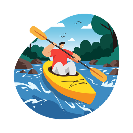 Niño haciendo kayak en rápidos  Ilustración