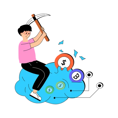 Niño haciendo minería de criptomonedas en la nube  Ilustración