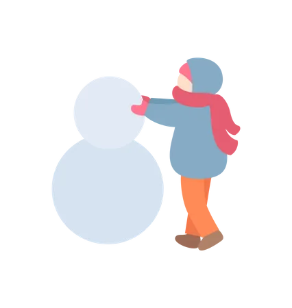Joven haciendo muñeco de nieve en ropa de abrigo  Ilustración