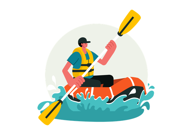 Niño haciendo deporte de rafting  Ilustración