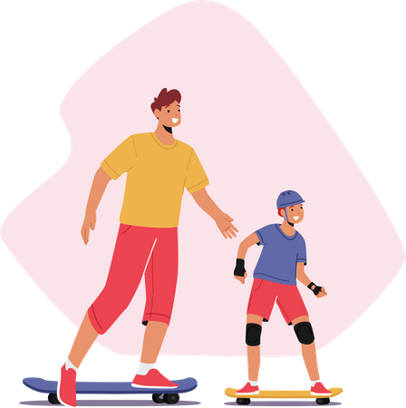 Niño haciendo skate con padre  Ilustración