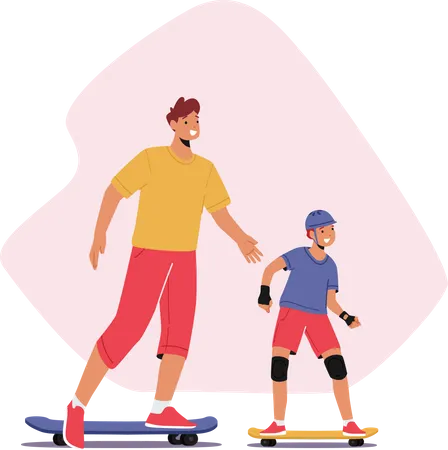 Niño haciendo skate con padre  Ilustración