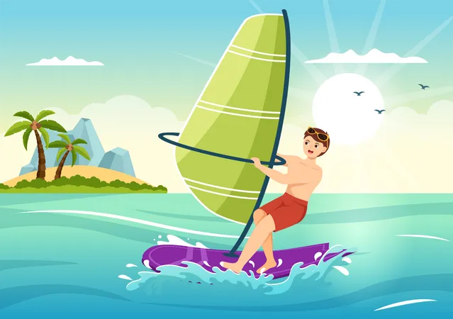 Niño haciendo windsurf  Ilustración