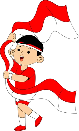 Niño indonesio caminando con la bandera de Indonesia  Ilustración