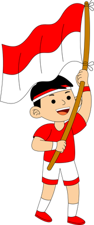 Niño indonesio corriendo con la bandera de Indonesia  Ilustración