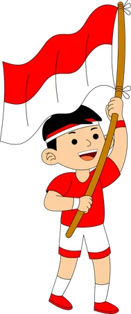 Niño indonesio corriendo con la bandera de Indonesia  Ilustración