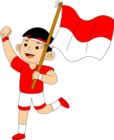 Niño indonesio corriendo con la bandera de Indonesia  Ilustración