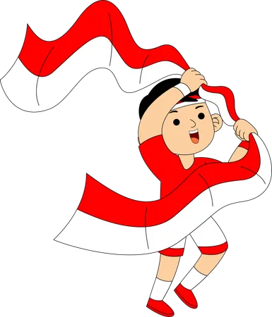 Niño indonesio corriendo con la bandera de Indonesia  Ilustración