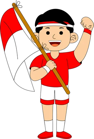 Niño indonesio sosteniendo la bandera de Indonesia  Ilustración