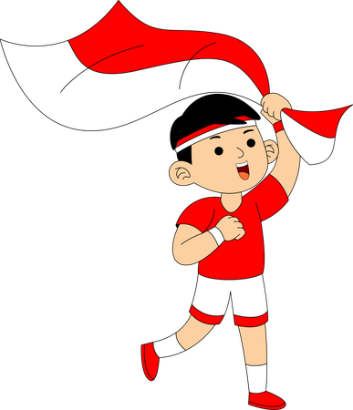 Niño indonesio sosteniendo la bandera de Indonesia  Ilustración